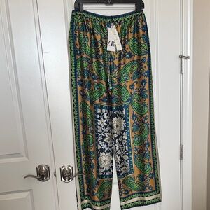NWT Zara Wide-Leg Paisley Pants - Green and Blue